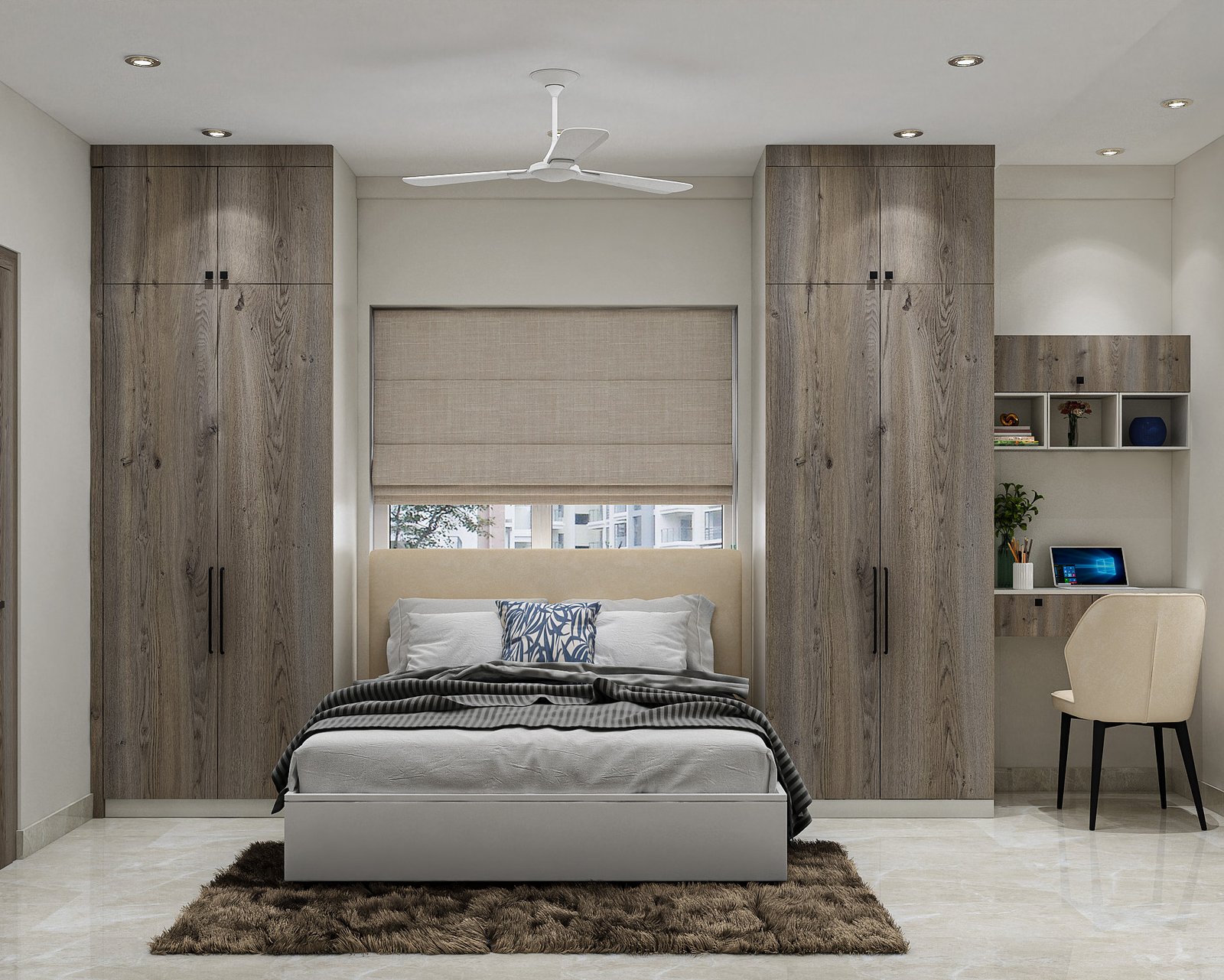 Modern Kids Bedroom Design With Wardrobes and Floating Desk