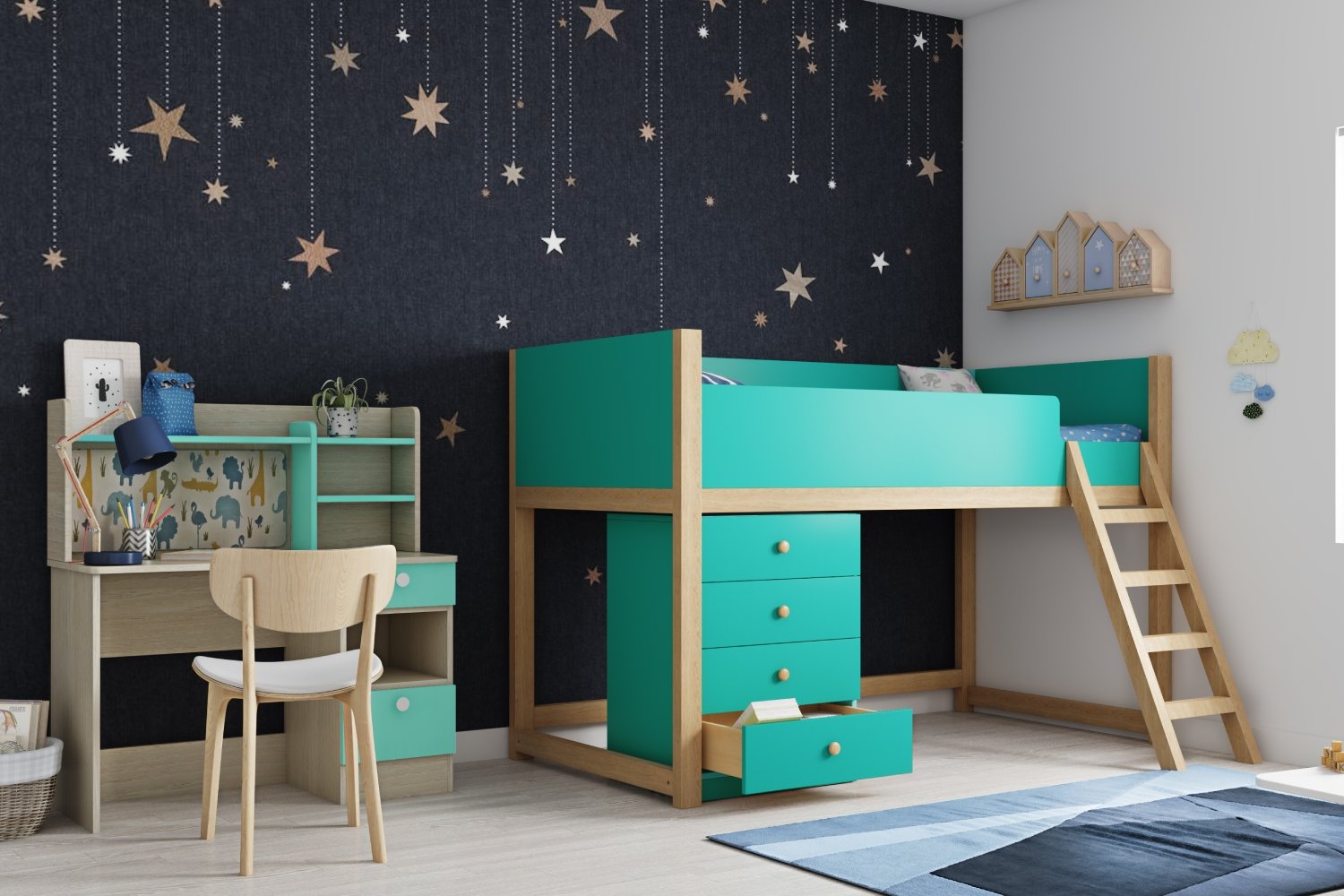 Blue, Gold and White Star Motif Modern Wallpaper Design