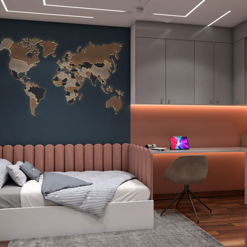 Modern Kids Bedroom Design With Cushioned Bench and World Map