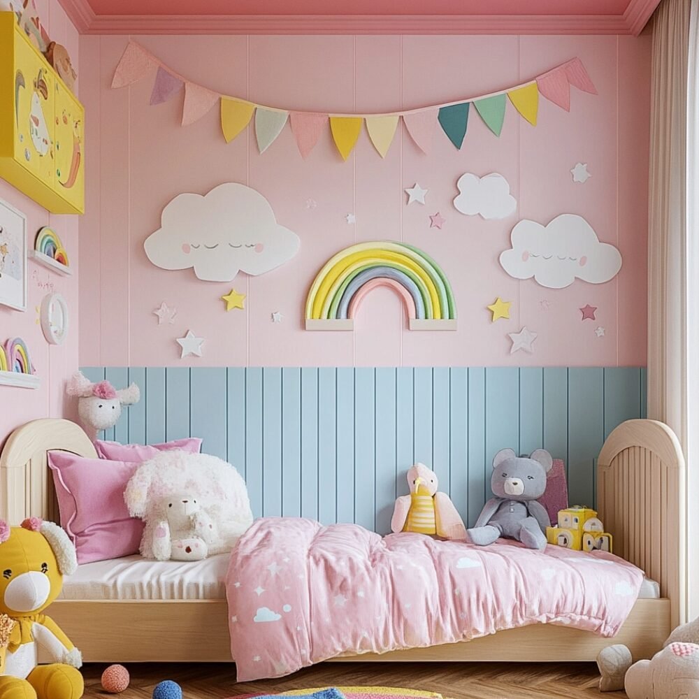 Contemporary Kids Bedroom Design with Rainbow Wall D?cor