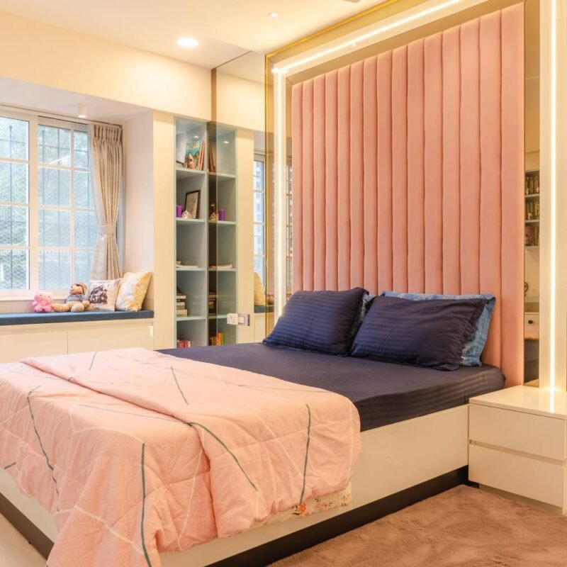 Modern Teen Girls Bedroom Design with Upholstered Headboard Queen Bed