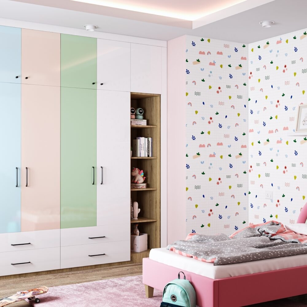 Modern Kids Bedroom Design with Colourful Grid-Style Pattern Wall