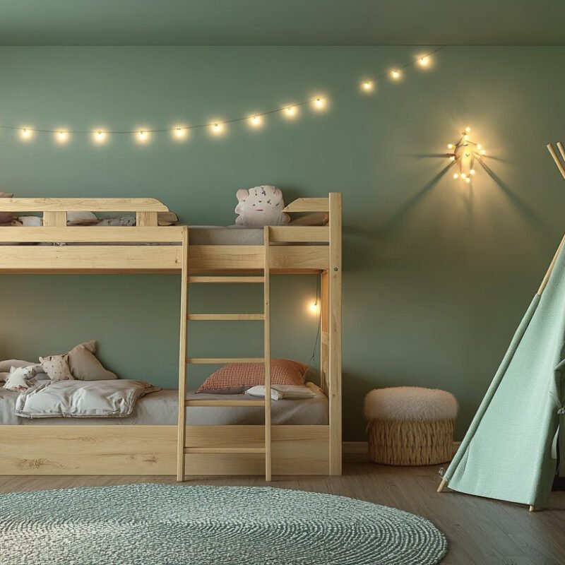 Scandinavian Kids Bedroom Design with Bunk Bed and Ottoman