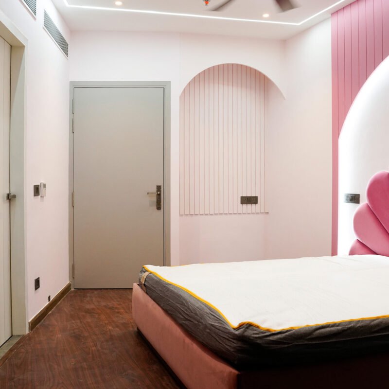 Kids Bedroom Design With Pink Velvet Shell Headboard and Wardrobe