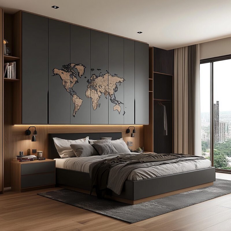 Contemporary Kids Bedroom Design with Built-in Wardrobe and Grey Bed