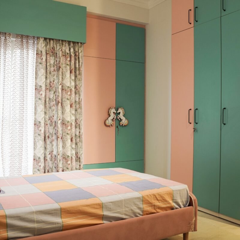 Modern Kids Bedroom Design With Pastel Storage and Trophy Shelf