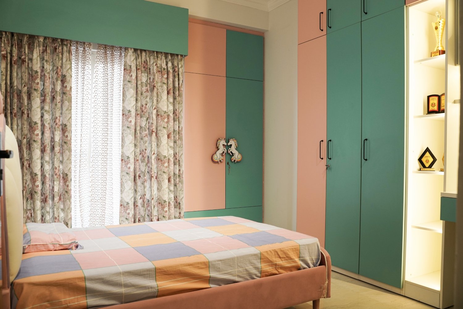 Modern Kids Bedroom Design With Pastel Storage and Trophy Shelf