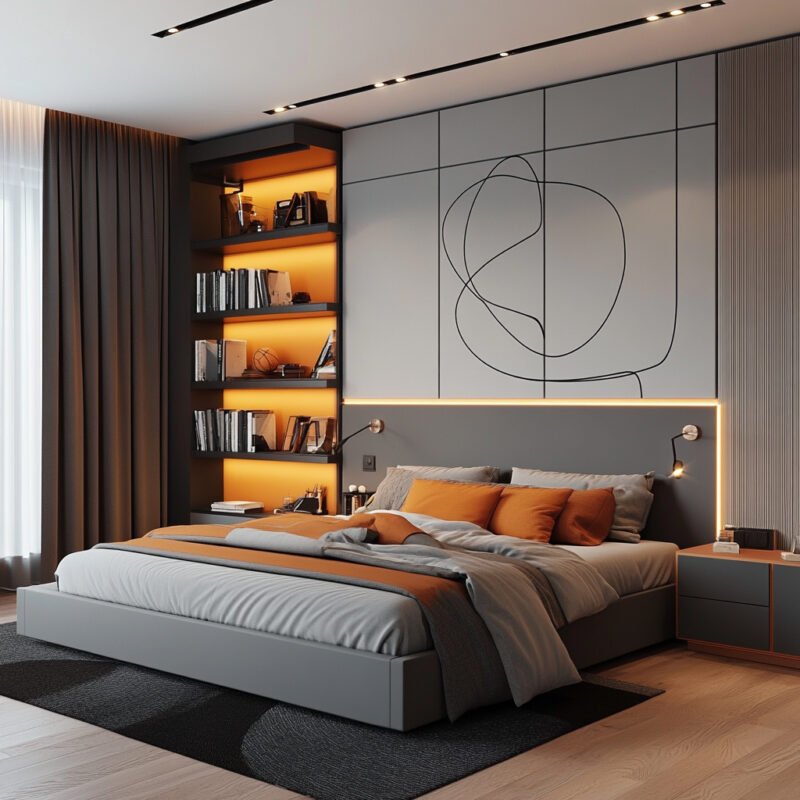 Minimalist Kids Bedroom Design with Gray and Orange Accents