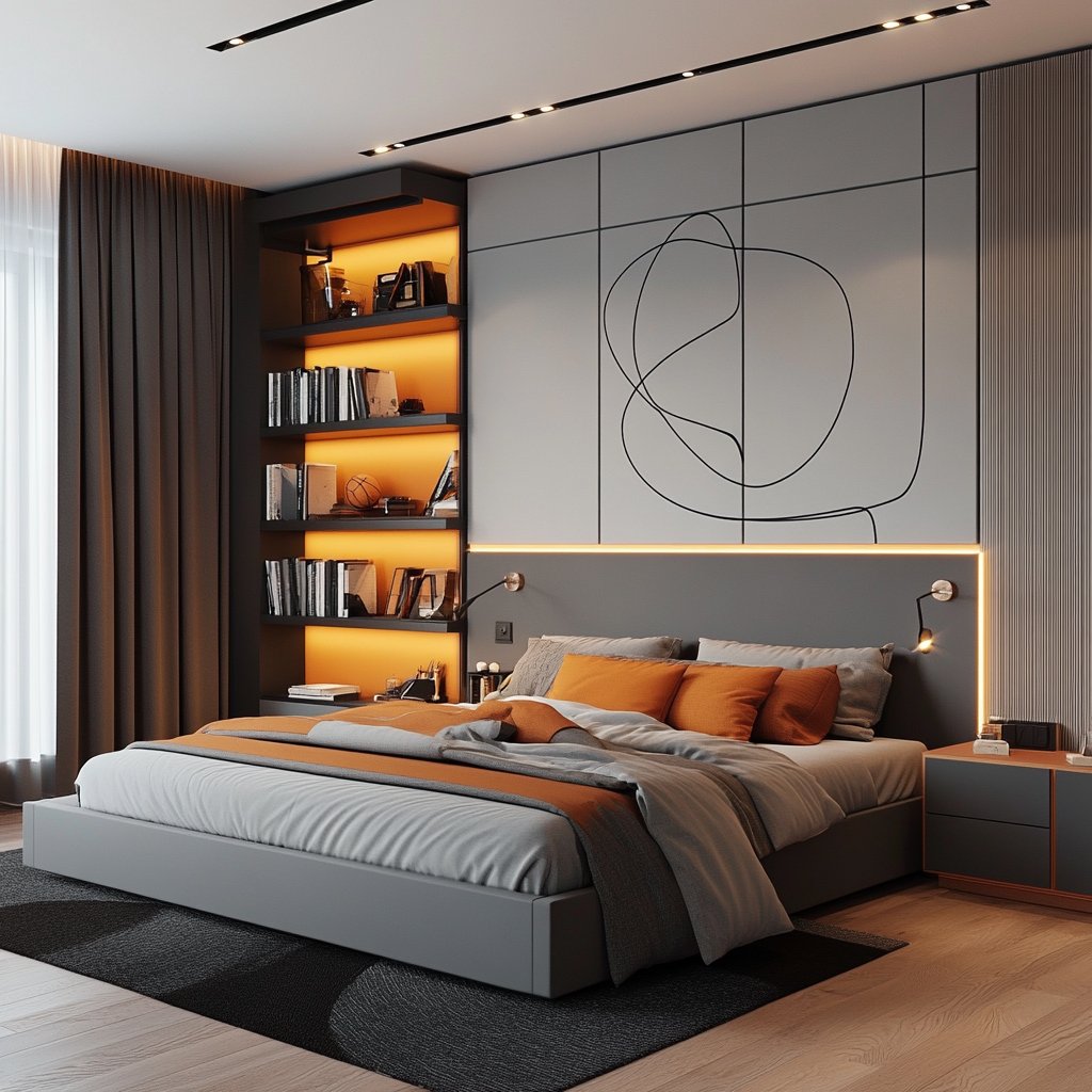 Minimalist Kids Bedroom Design with Gray and Orange Accents