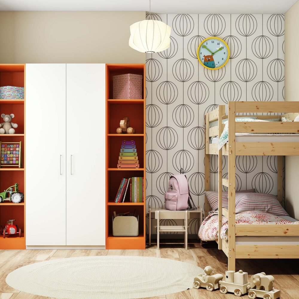 Space-Saving Wooden Bunk Bed with Playful Storage and Study Area