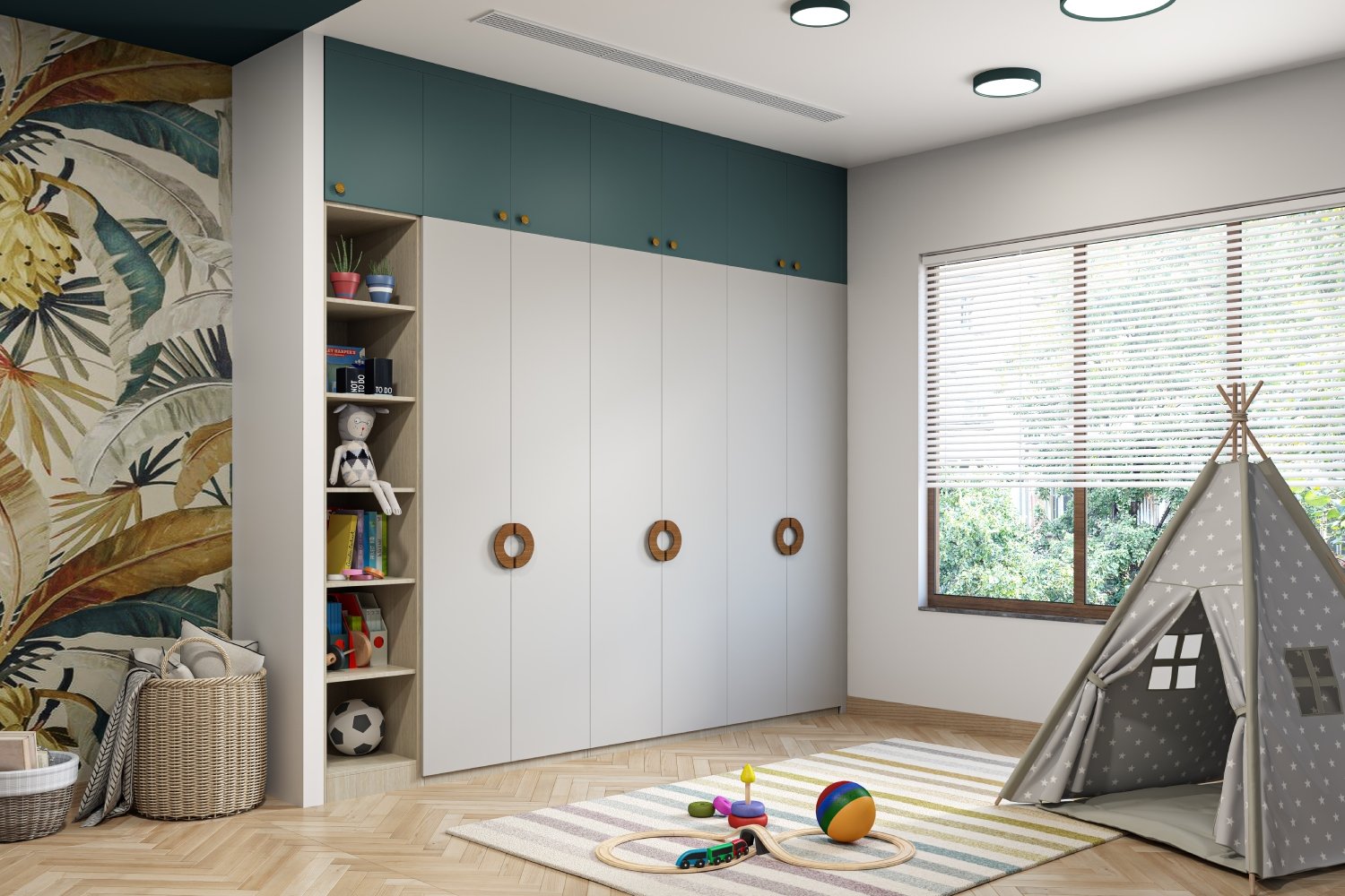 Modern Kids Bedroom Design with Tropical Leafy Wallpaper