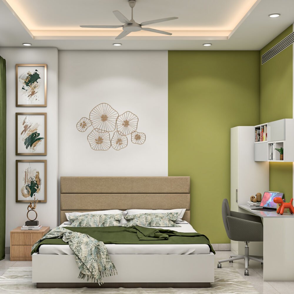 Modern Kids Bedroom Design with Queen Bed, Study Table, and Art
