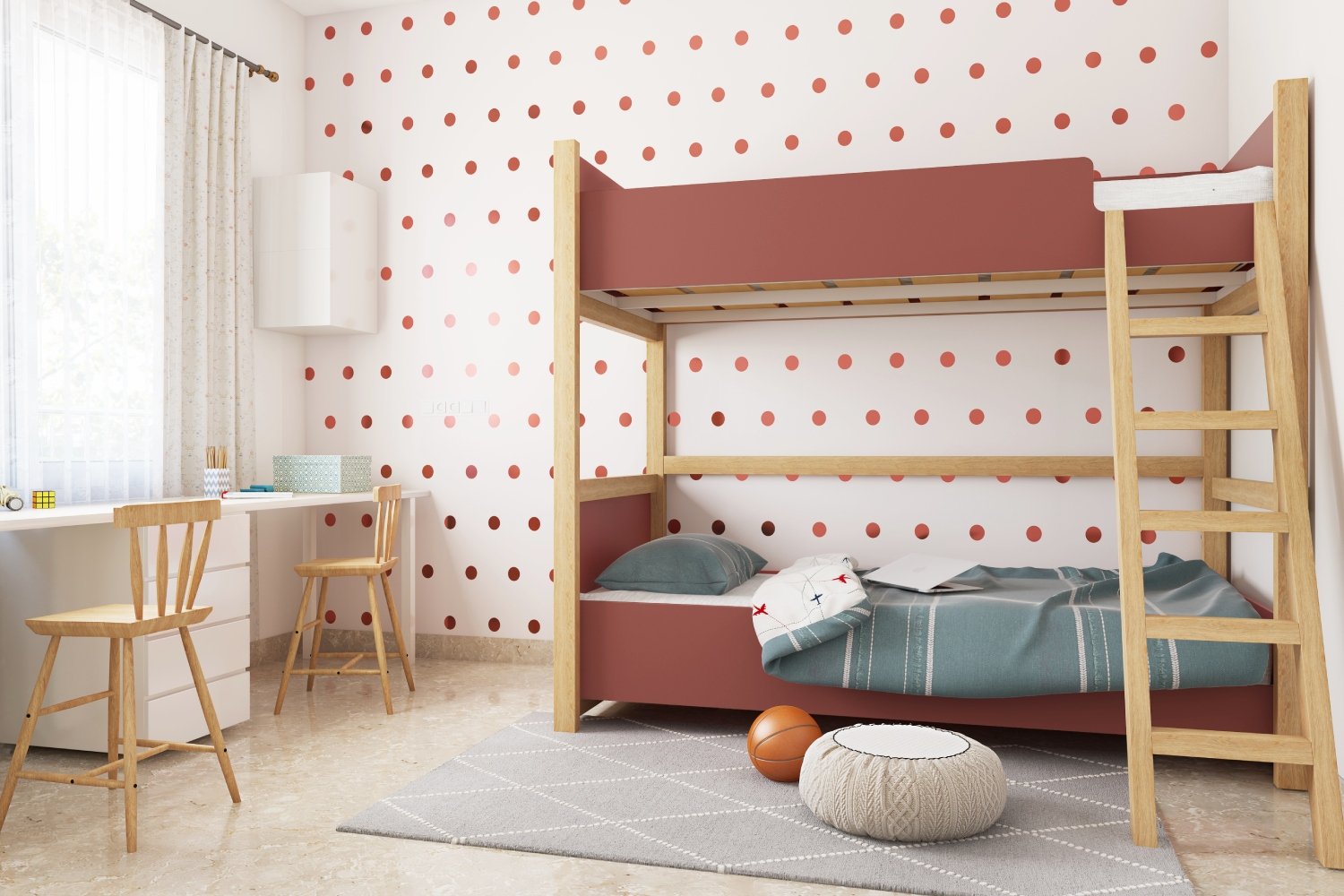 Modern Kids Bedroom Design with Bunk Bed and Study Area
