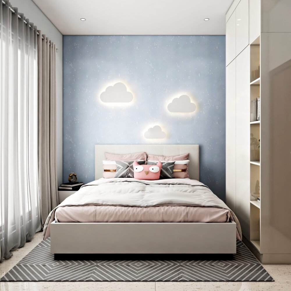 Modern Kids Bedroom Design with Cloud Wall Lights and Built-in Storage