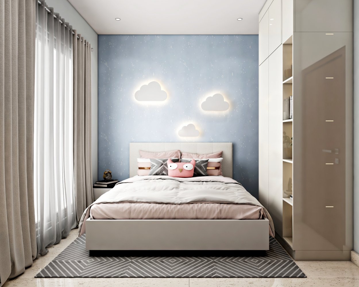 Modern Kids Bedroom Design with Cloud Wall Lights and Built-in Storage