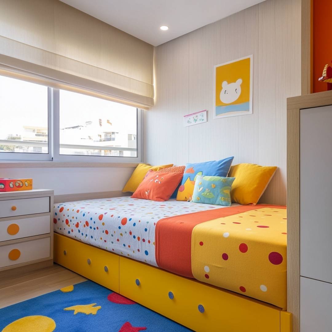 Contemporary Kids Bedroom Design With Cot Bed, Drawers and Art Wall