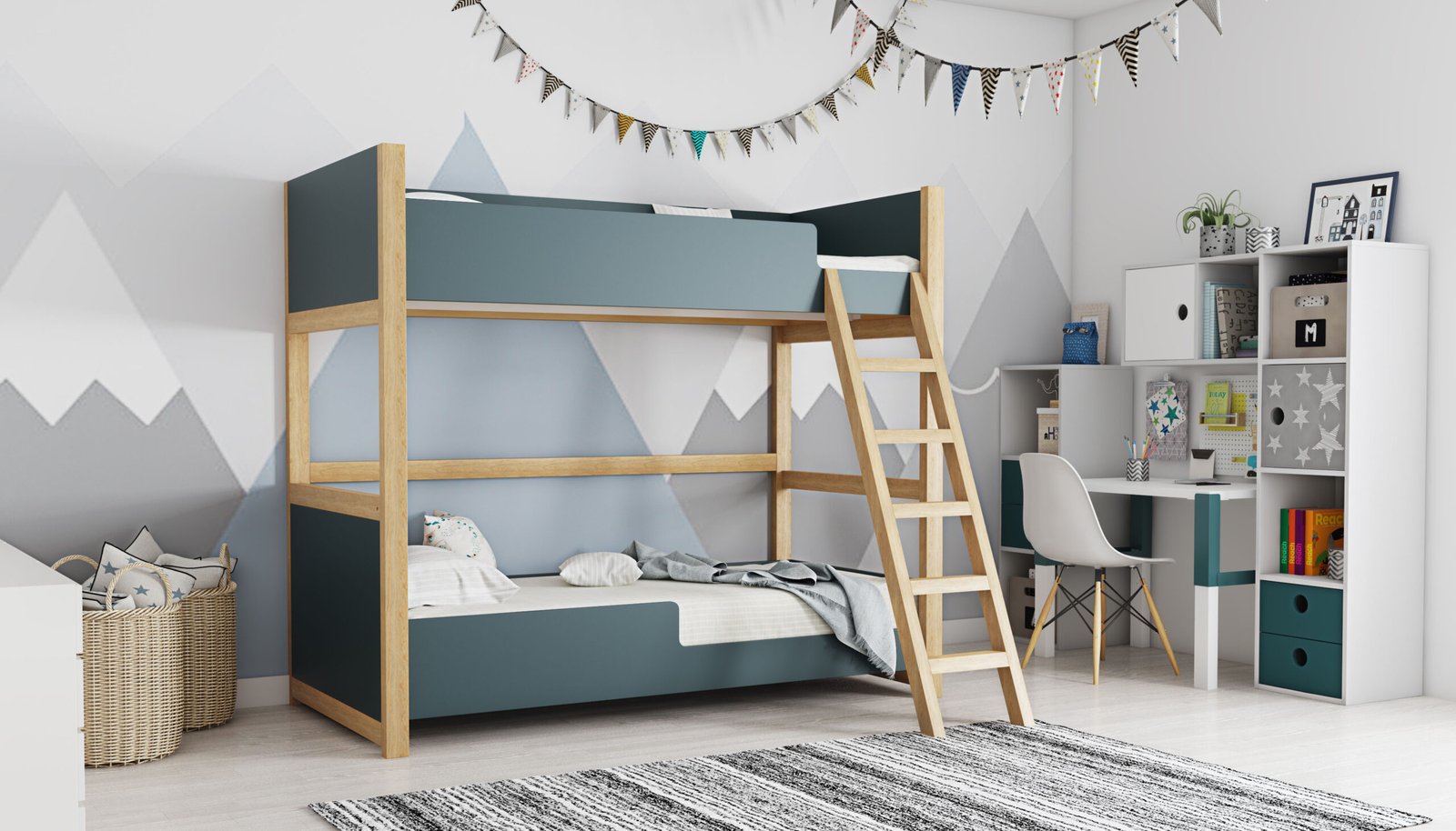 Modern Kids Bedroom Design with Bunk Bed and Study Space