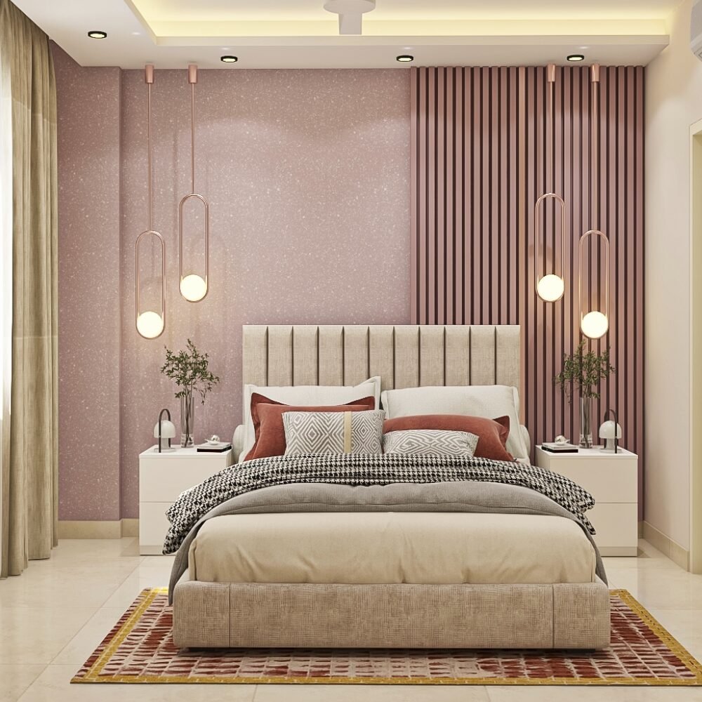 Contemporary Guest Bedroom Design with Pink Textured Wallpaper
