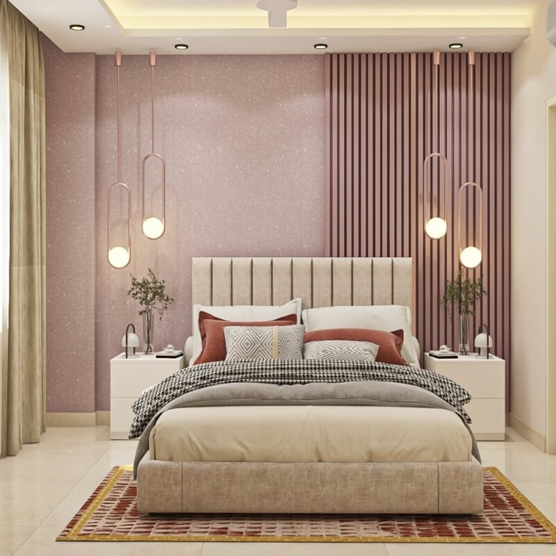 Contemporary Guest Bedroom Design with Pink Textured Wallpaper
