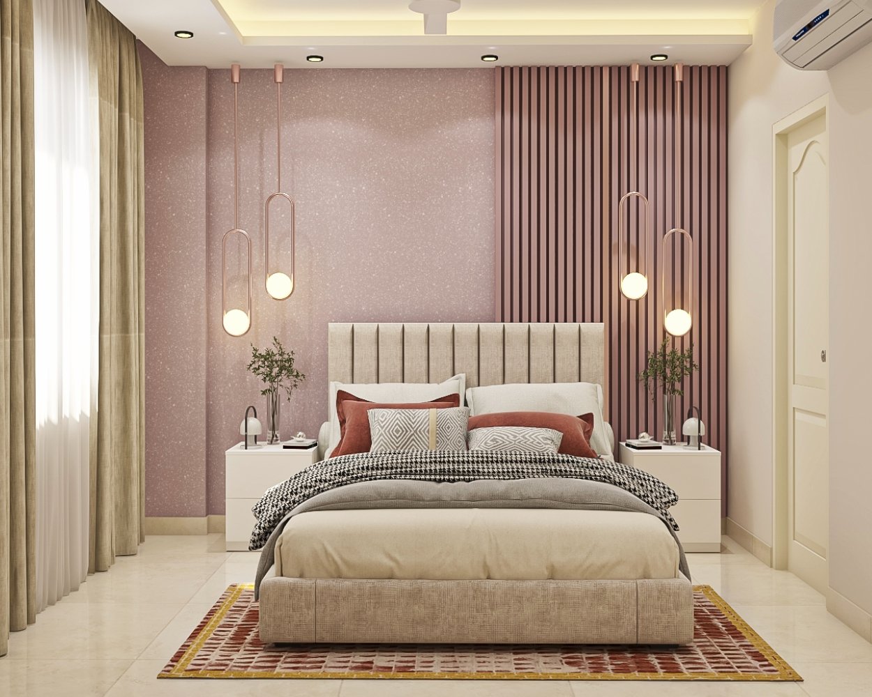 Contemporary Guest Bedroom Design with Pink Textured Wallpaper