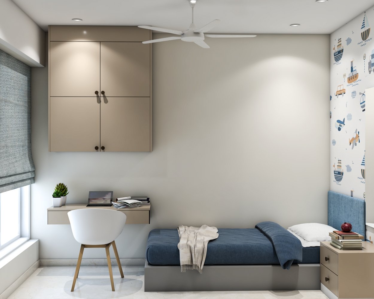 Modern Kids Bedroom Design with Blue Headboard Bed