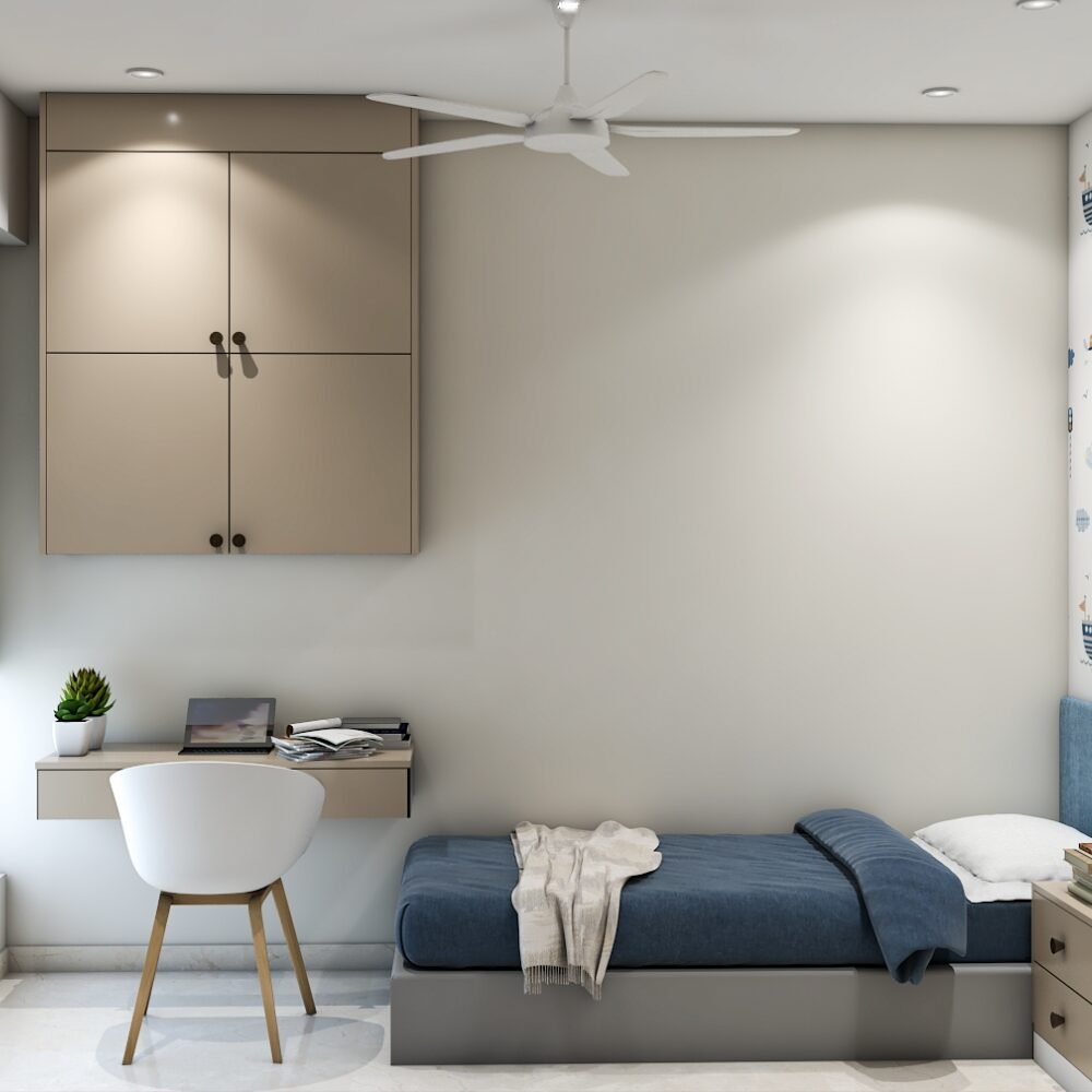 Space-Saving Design with Wall-Mounted Desk and Floating Storage