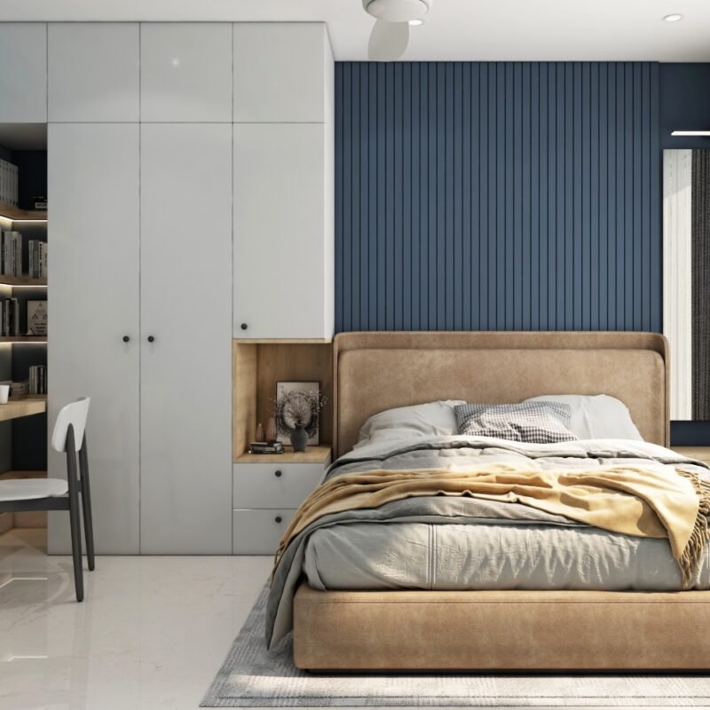 Modern Kids Bedroom Design with Blue Accent Wall