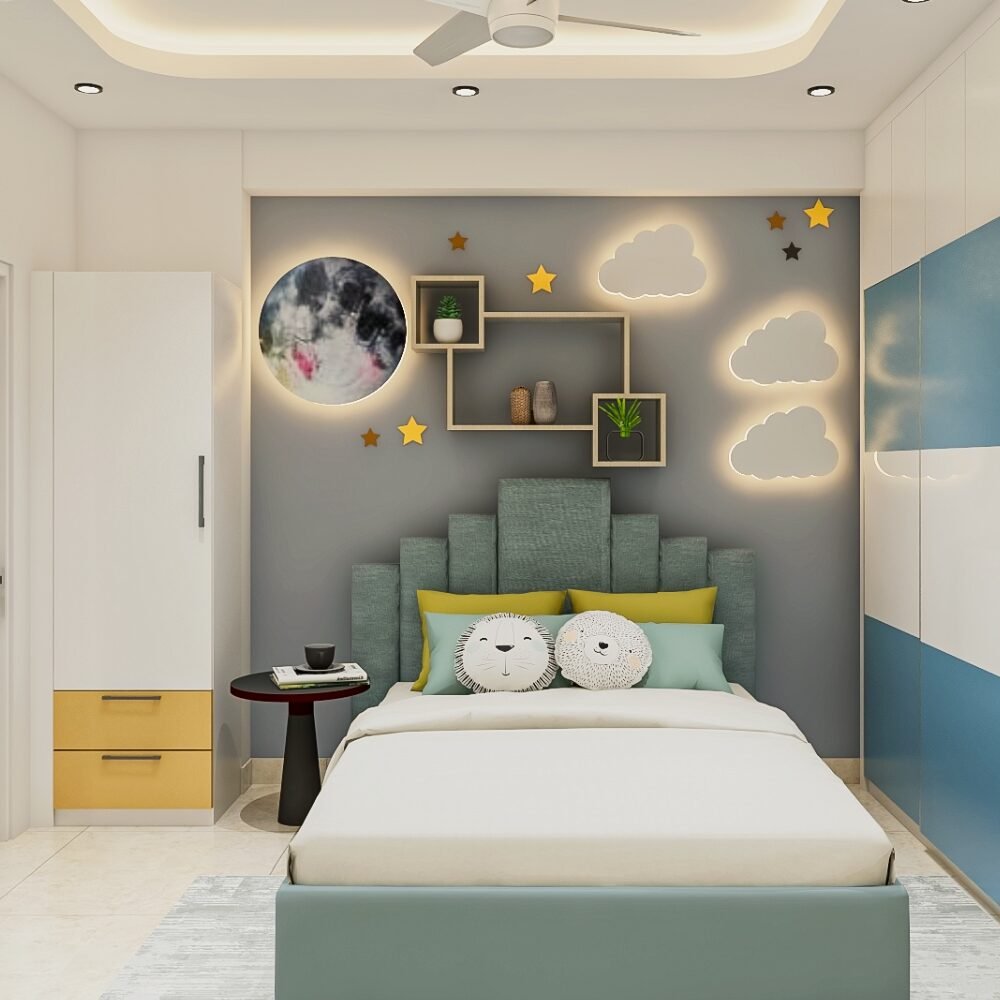 Modern Kids Bedroom Design with Teal Headboard Queen Bed