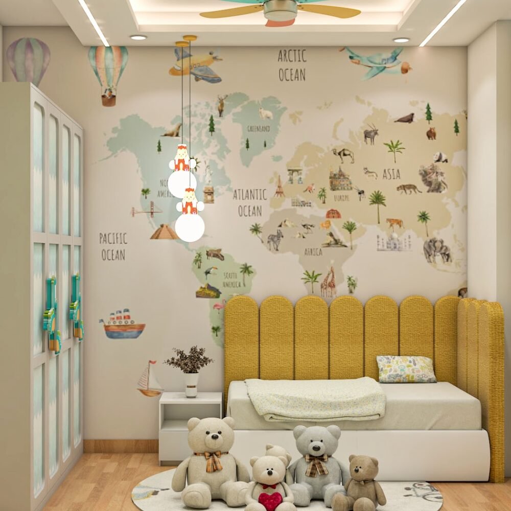 Contemporary Kids Bedroom Design with World Map Wallpaper