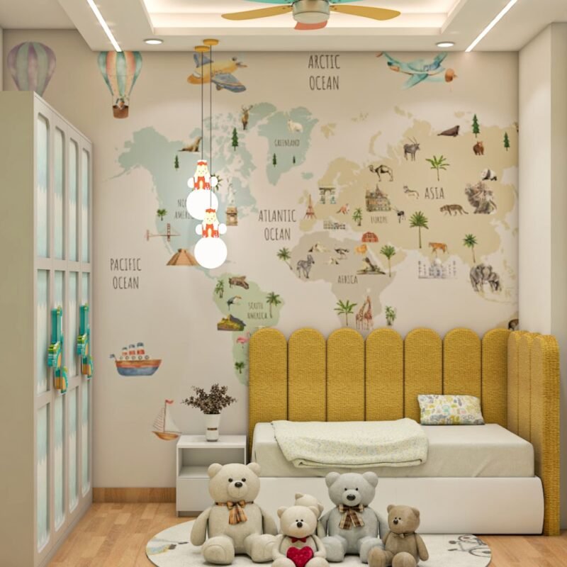 Contemporary Kids Bedroom Design with World Map Wallpaper