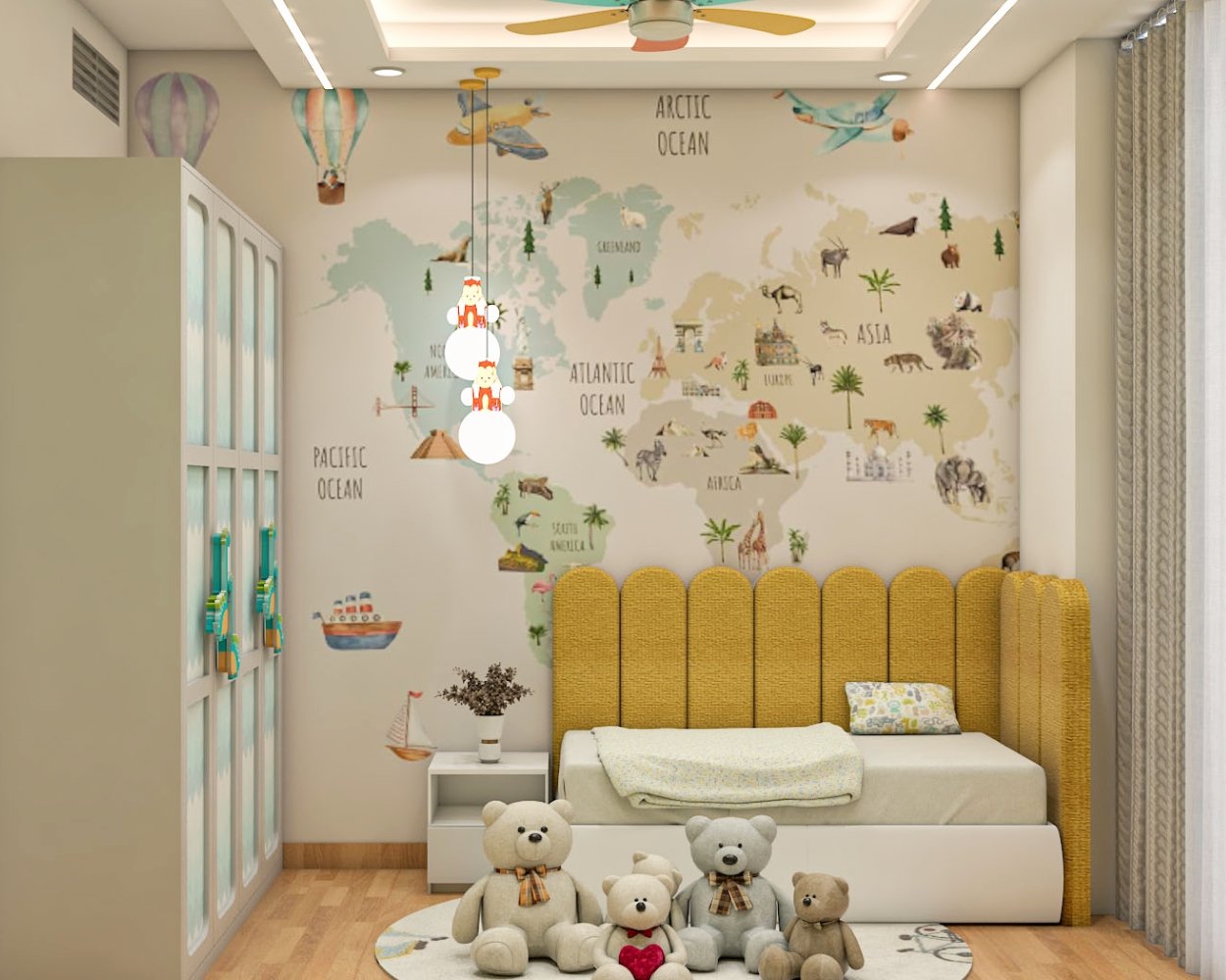 Contemporary Kids Bedroom Design with World Map Wallpaper