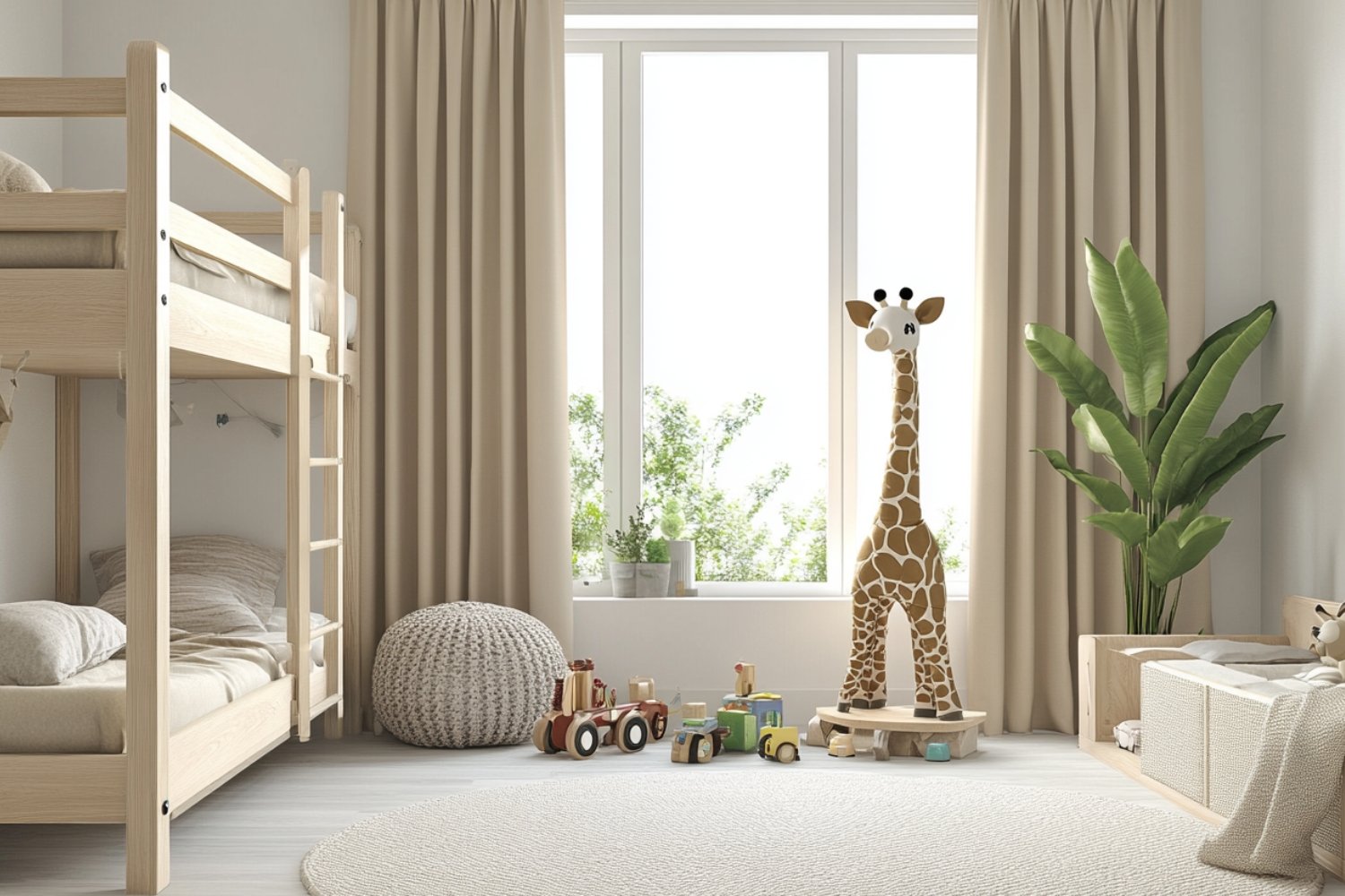 Simple and Spacious Scandinavian Kids Bedroom Design with Bunk Bed