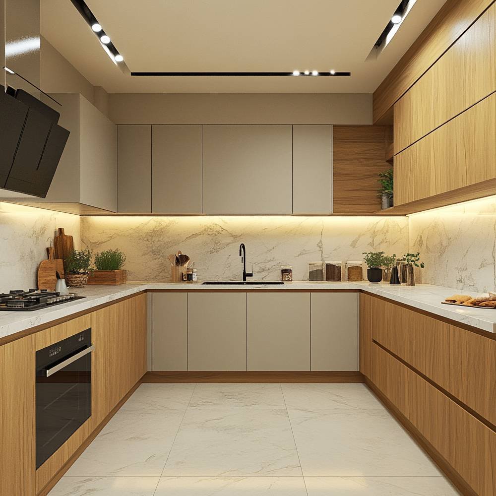 Contemporary U-Shaped Kitchen Design in Champagne and Teak