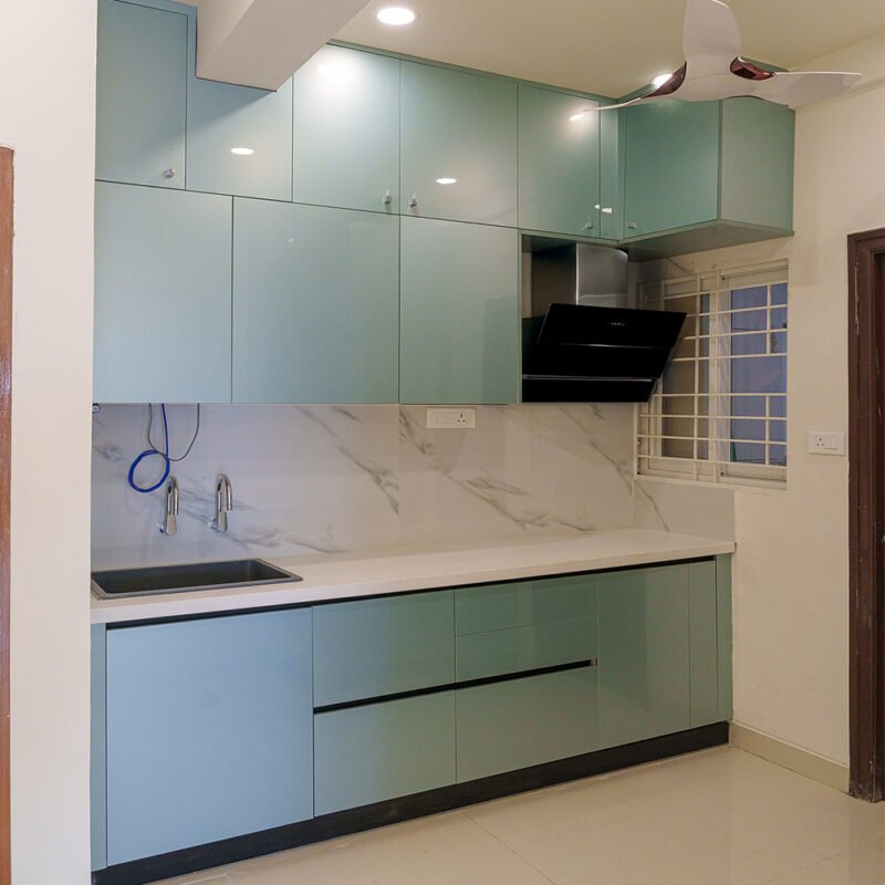 Minimalist Open Kitchen Design in Celestial Blue and Quartz
