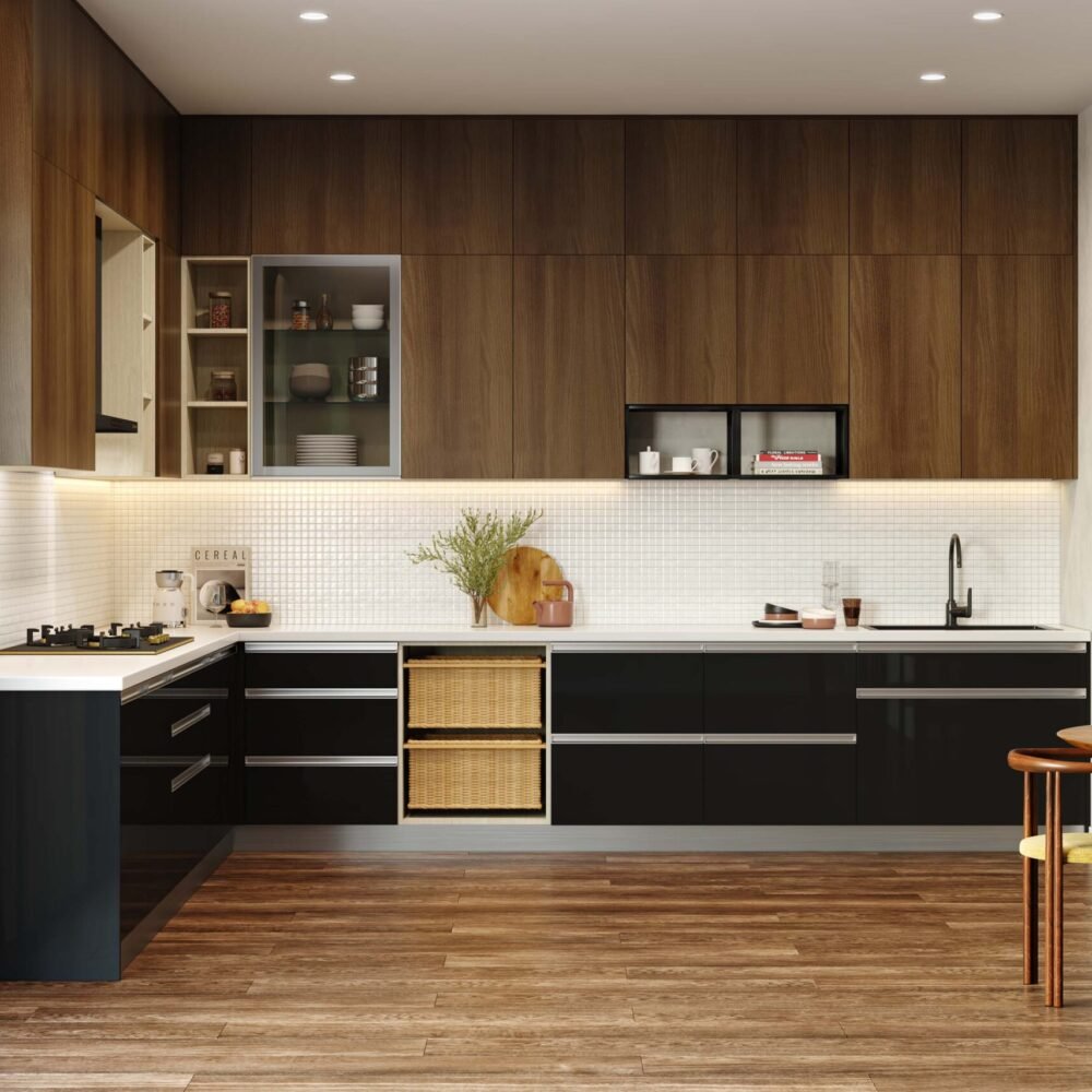 Modern L-Shaped Kitchen Design with Peninsula in Walnut and Black