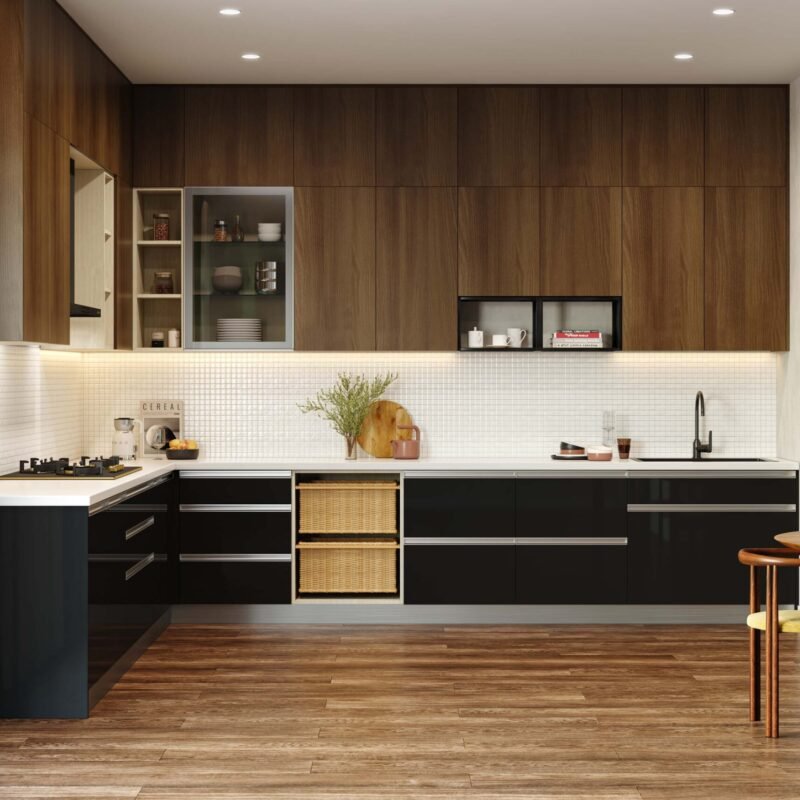 Modern L-Shaped Kitchen Design with Peninsula in Walnut and Black