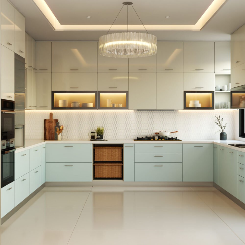 Modern U-Shaped Kitchen Design in Celestial Blue and Champagne