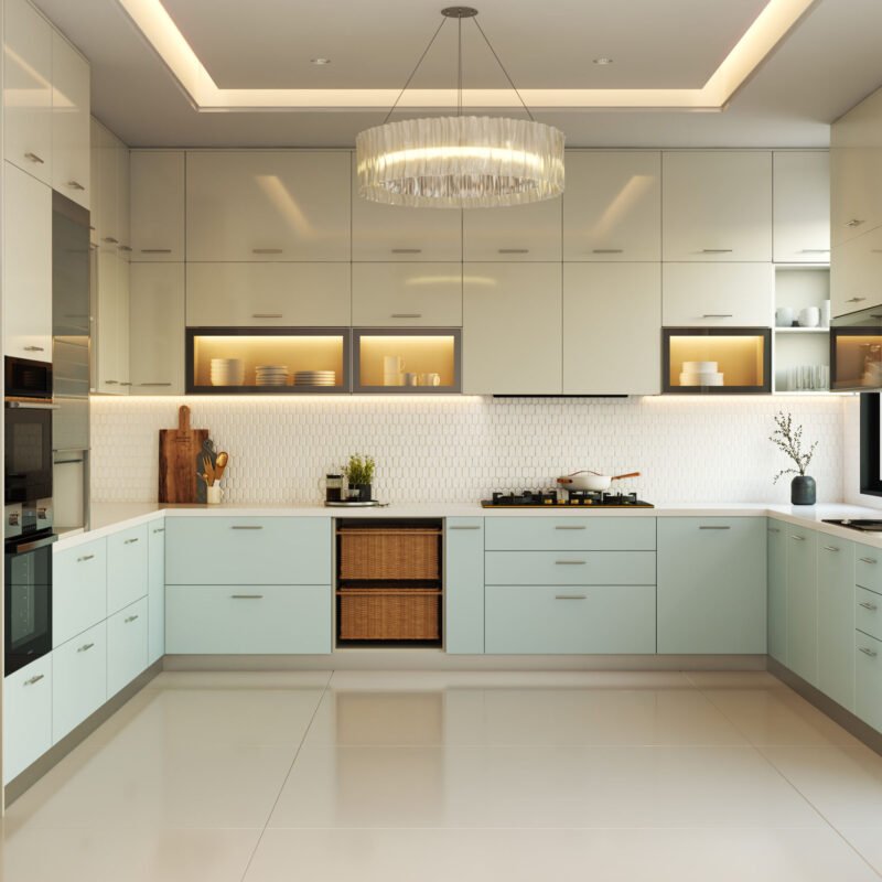 Modern U-Shaped Kitchen Design in Celestial Blue and Champagne