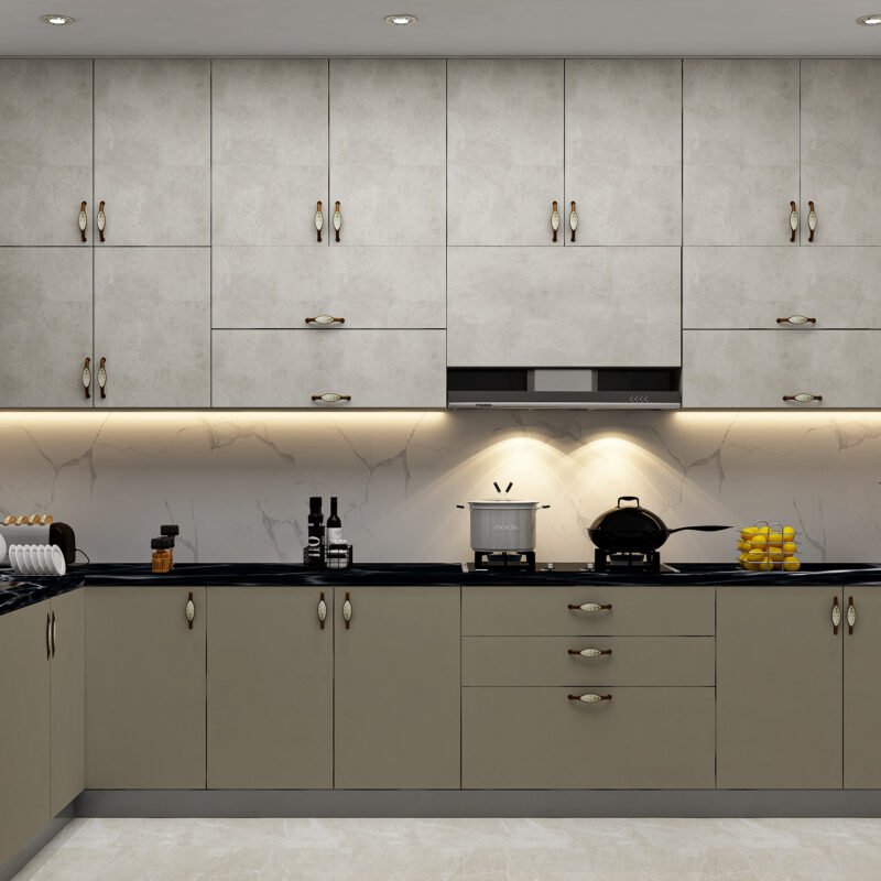 Transitional L-Shaped Kitchen Design with Autumn Leaf and Concrete Finishes