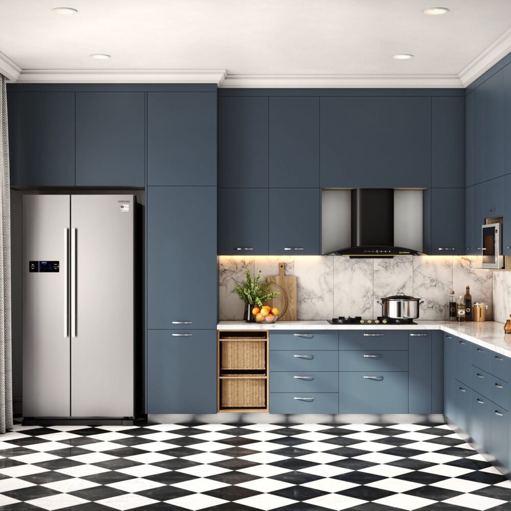 Contemporary L-Shaped Kitchen Design in Shore with Marble Countertops