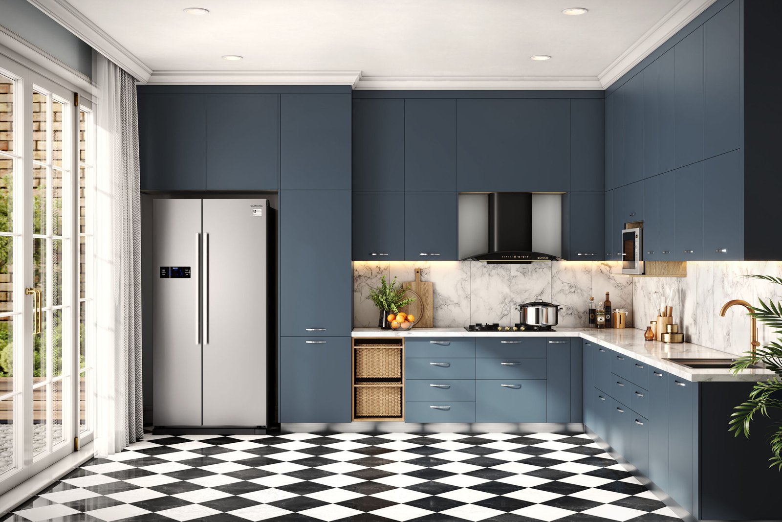 Contemporary L-Shaped Kitchen Design in Shore with Marble Countertops