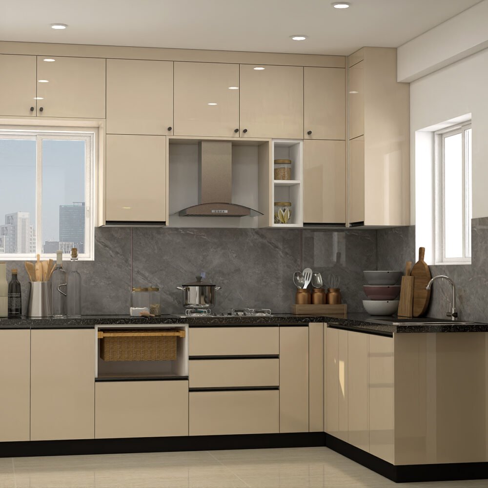 Contemporary L-Shaped Kitchen Design with Blossom Mangolia and Granite Countertops