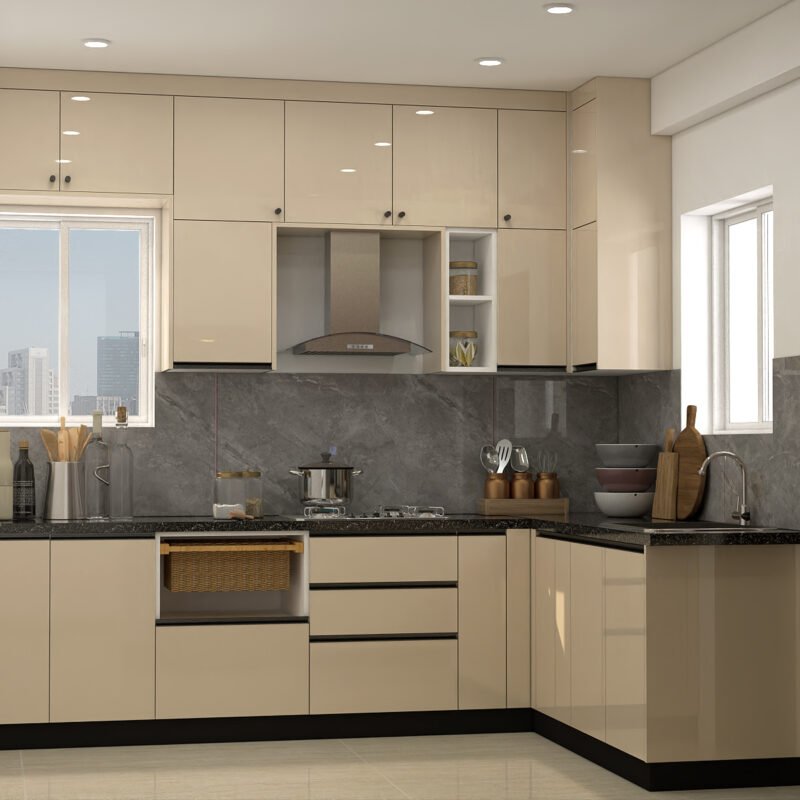 Contemporary L-Shaped Kitchen Design with Blossom Mangolia and Granite Countertops