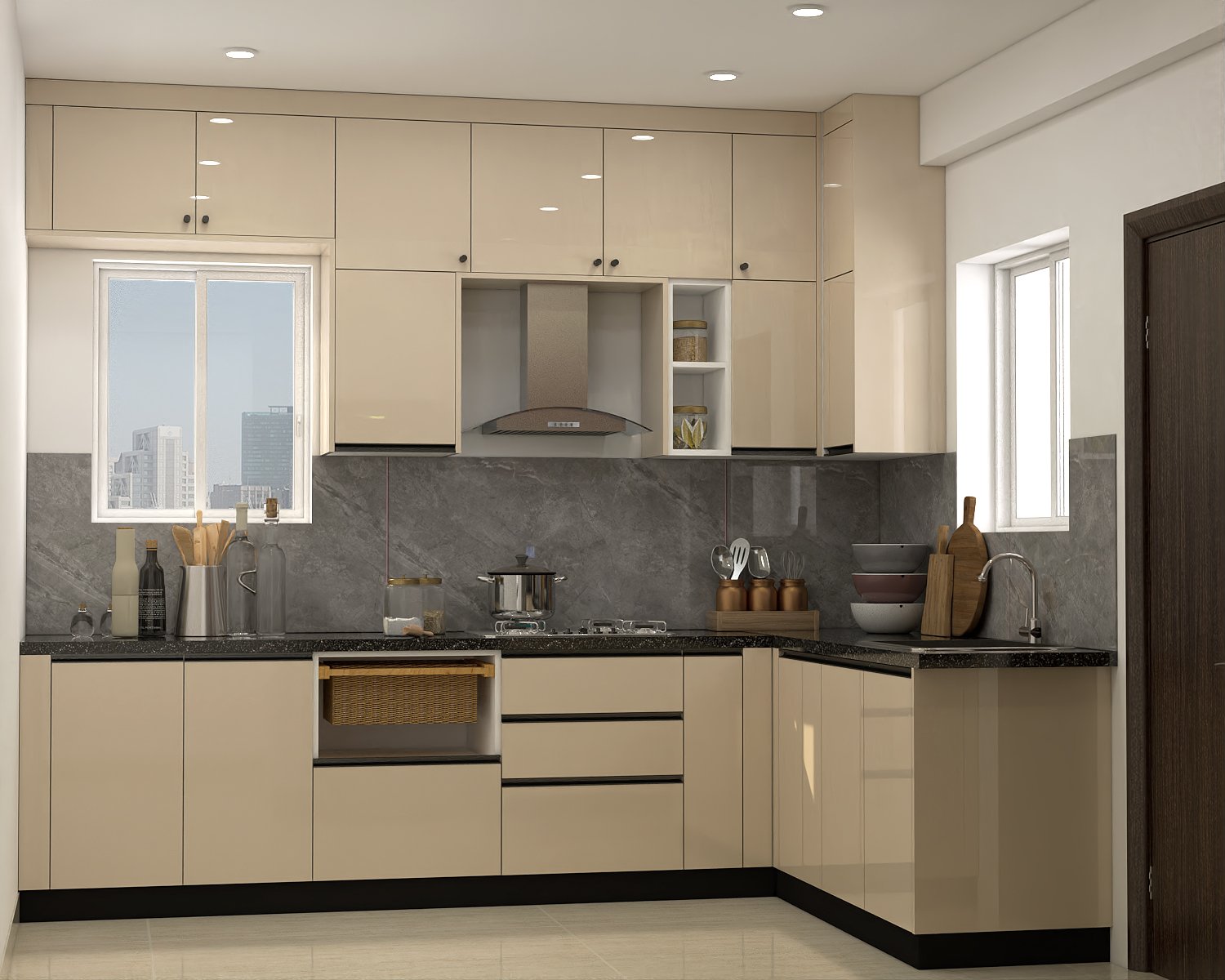 Contemporary L-Shaped Kitchen Design with Blossom Mangolia and Granite Countertops