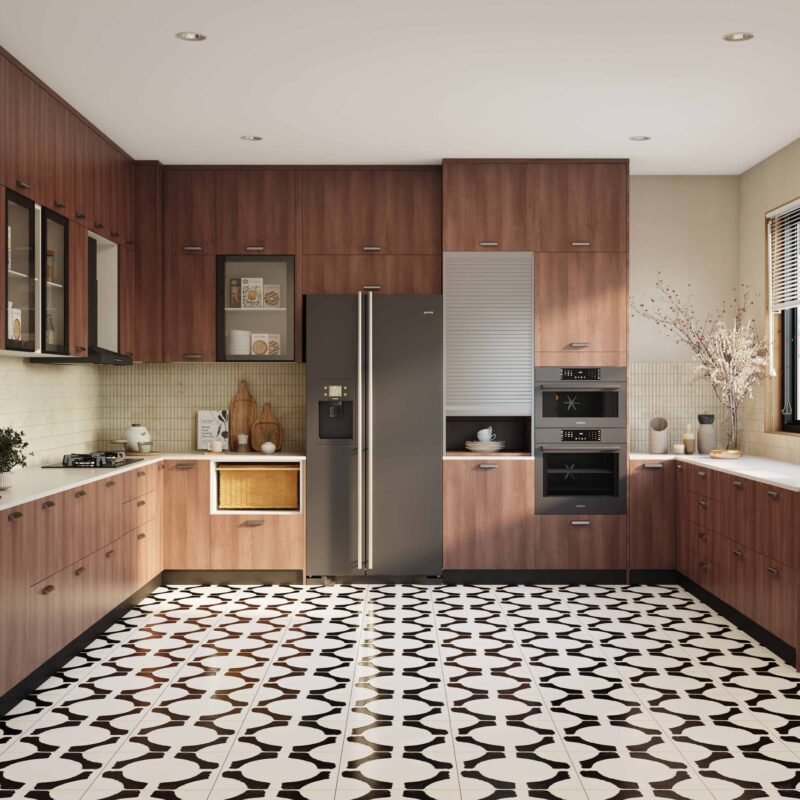 Rustic U-Shaped Kitchen Design in Acacia Exodus with Quartz Counters