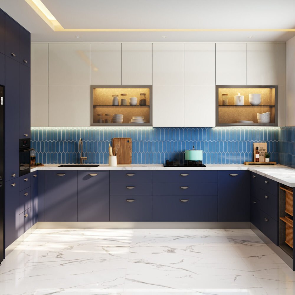 Contemporary U-Shaped Kitchen Design in Blue and White