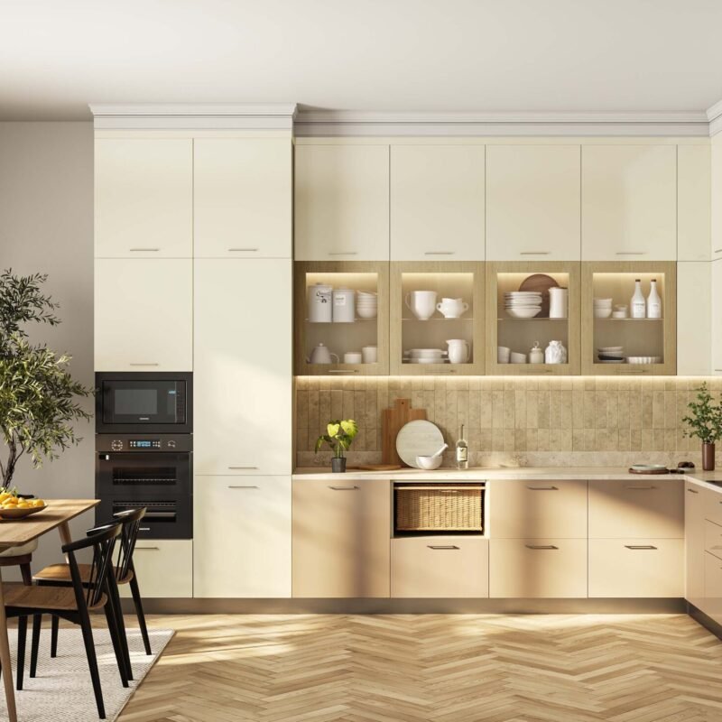 Contemporary L-Shaped Kitchen Design with Soft Palette and Glass Shelves