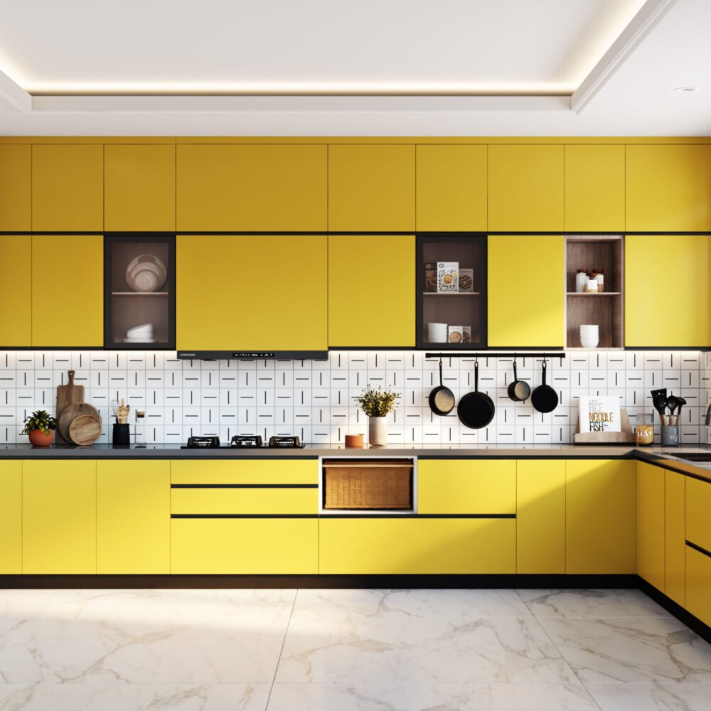 Vibrant Yellow Modern L-Shaped Kitchen Design with Quartz Countertop