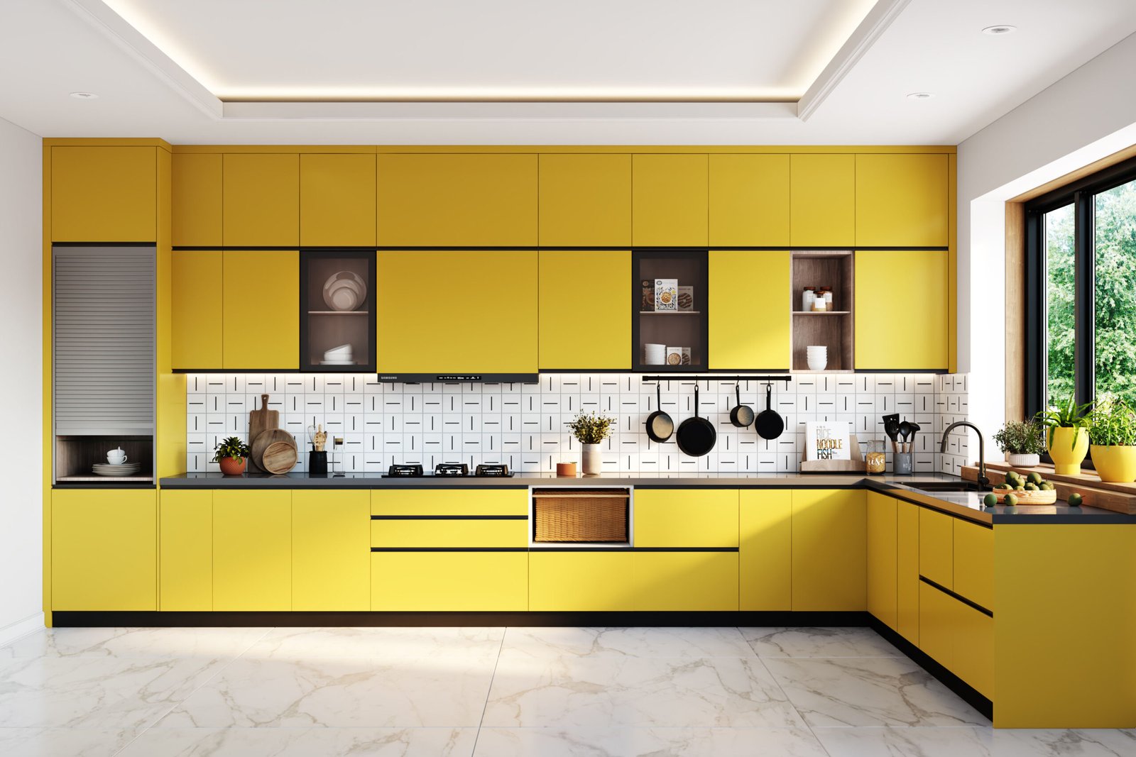 Vibrant Yellow Modern L-Shaped Kitchen Design with Quartz Countertop