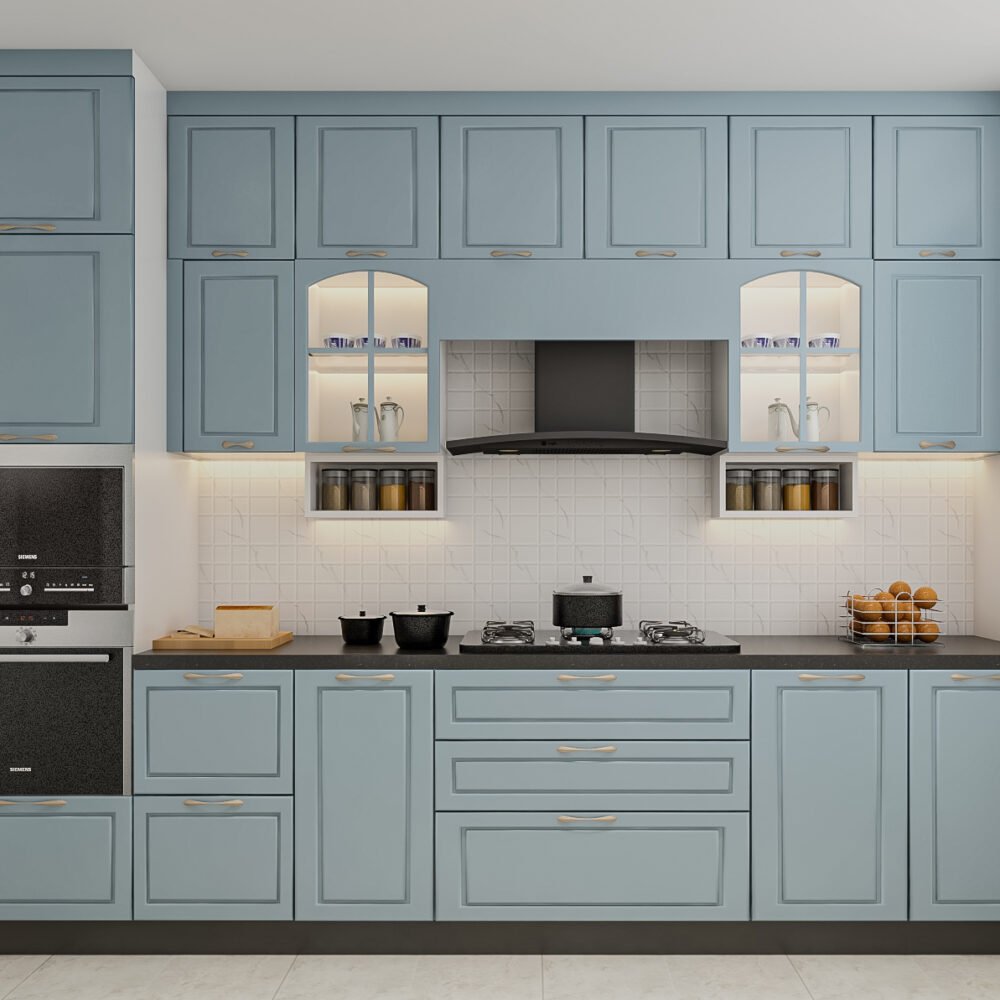 Traditional Parallel Kitchen Design in Denim Suedette With Matte Membrane Finish